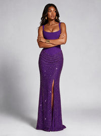 Sequin Corset Mermaid Prom Dress with Square Neck Wide Strap High Slit
