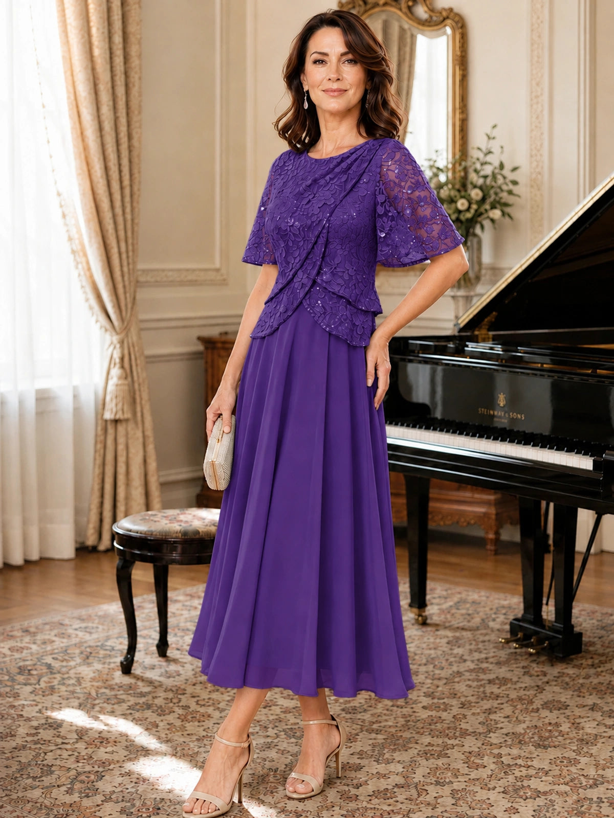 Tea-Length Chiffon Mother of the Bride Dress with Sequin Lace Sleeves
