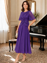 Tea-Length Chiffon Mother of the Bride Dress with Sequin Lace Sleeves
