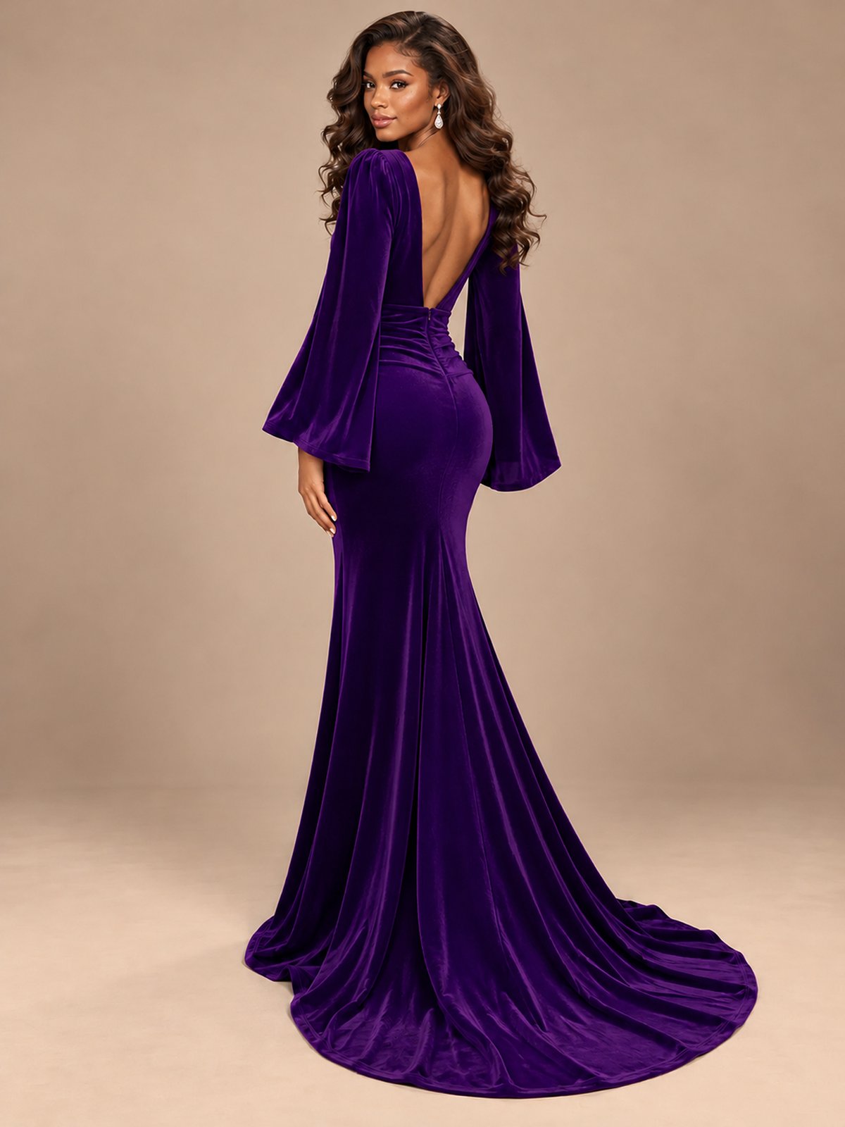 Burgundy Velvet Deep V-Neck Ruched Long Sleeve Maxi Dress