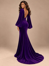 Burgundy Velvet Deep V-Neck Ruched Long Sleeve Maxi Dress
