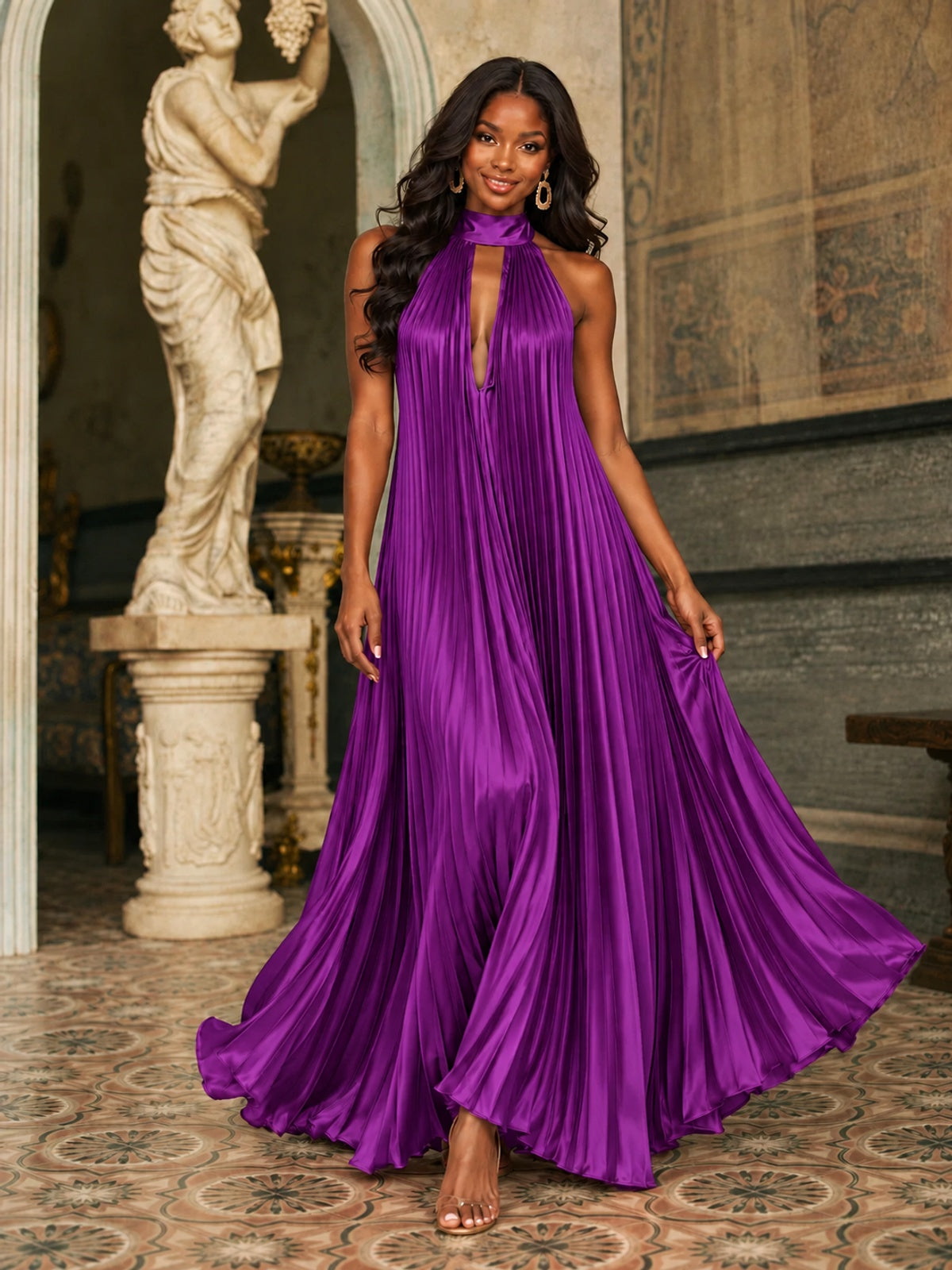 Rust Orange Pleated Halter Neck Maxi Dress