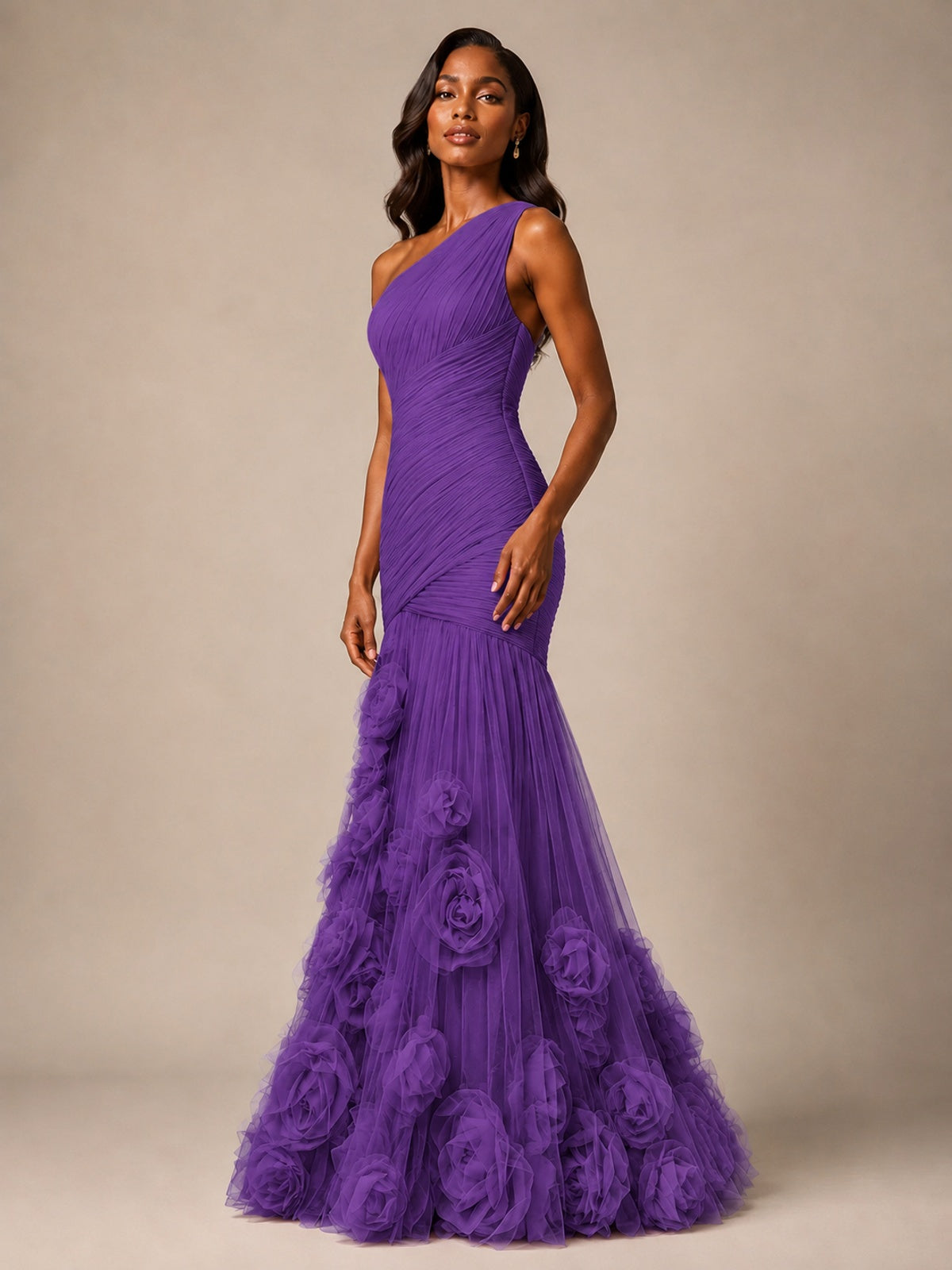 Blush Pink One Shoulder 3D Floral Mermaid Prom Dress