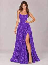 Floral Lace A-Line Prom Dress with Spaghetti Straps & High Slit