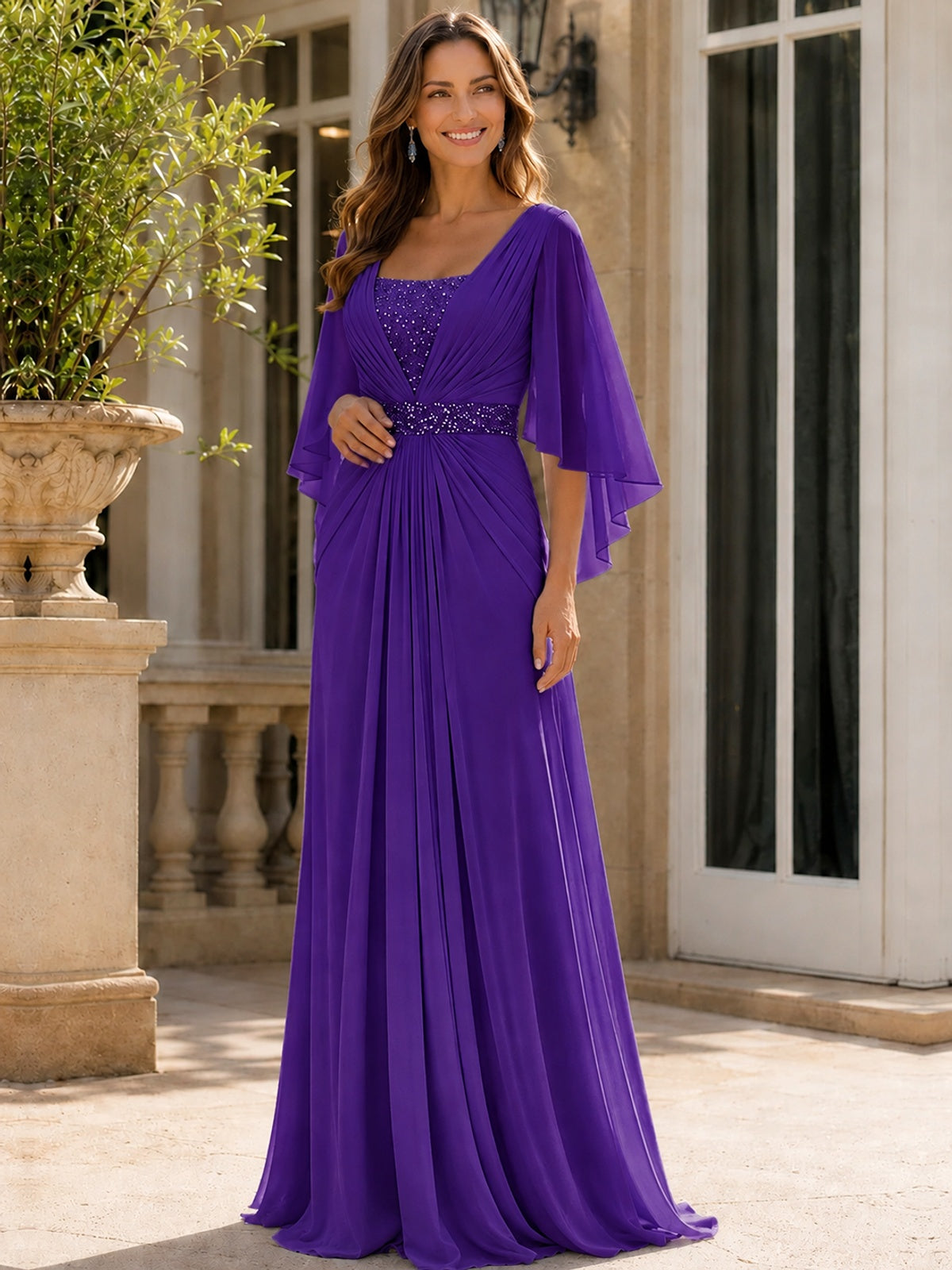 Elegant V-Neck Sequined Chiffon Mother of the Bride Dress with Flutter Sleeves