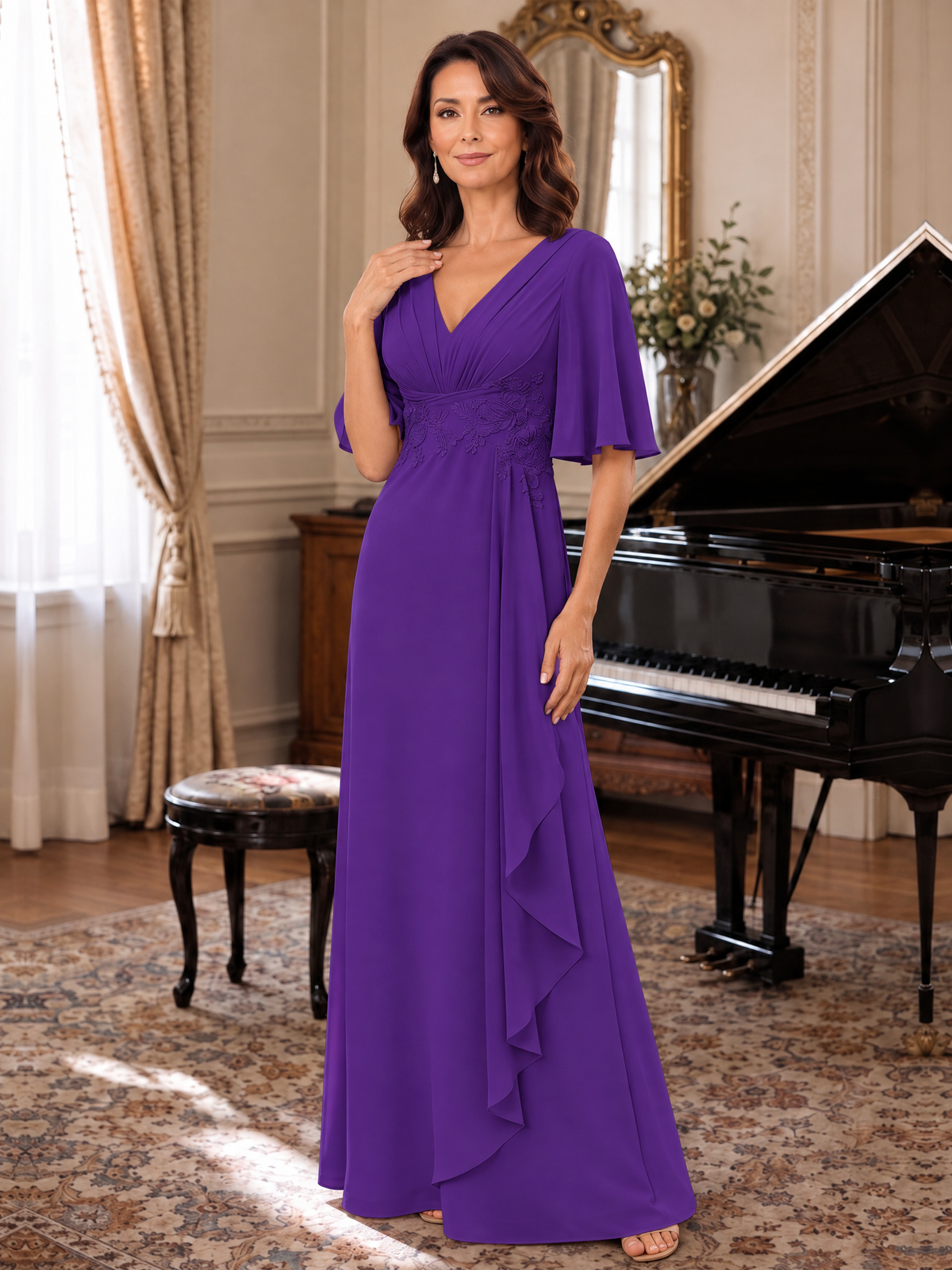 V-Neck Chiffon Lace Mother of the Bride Dresses