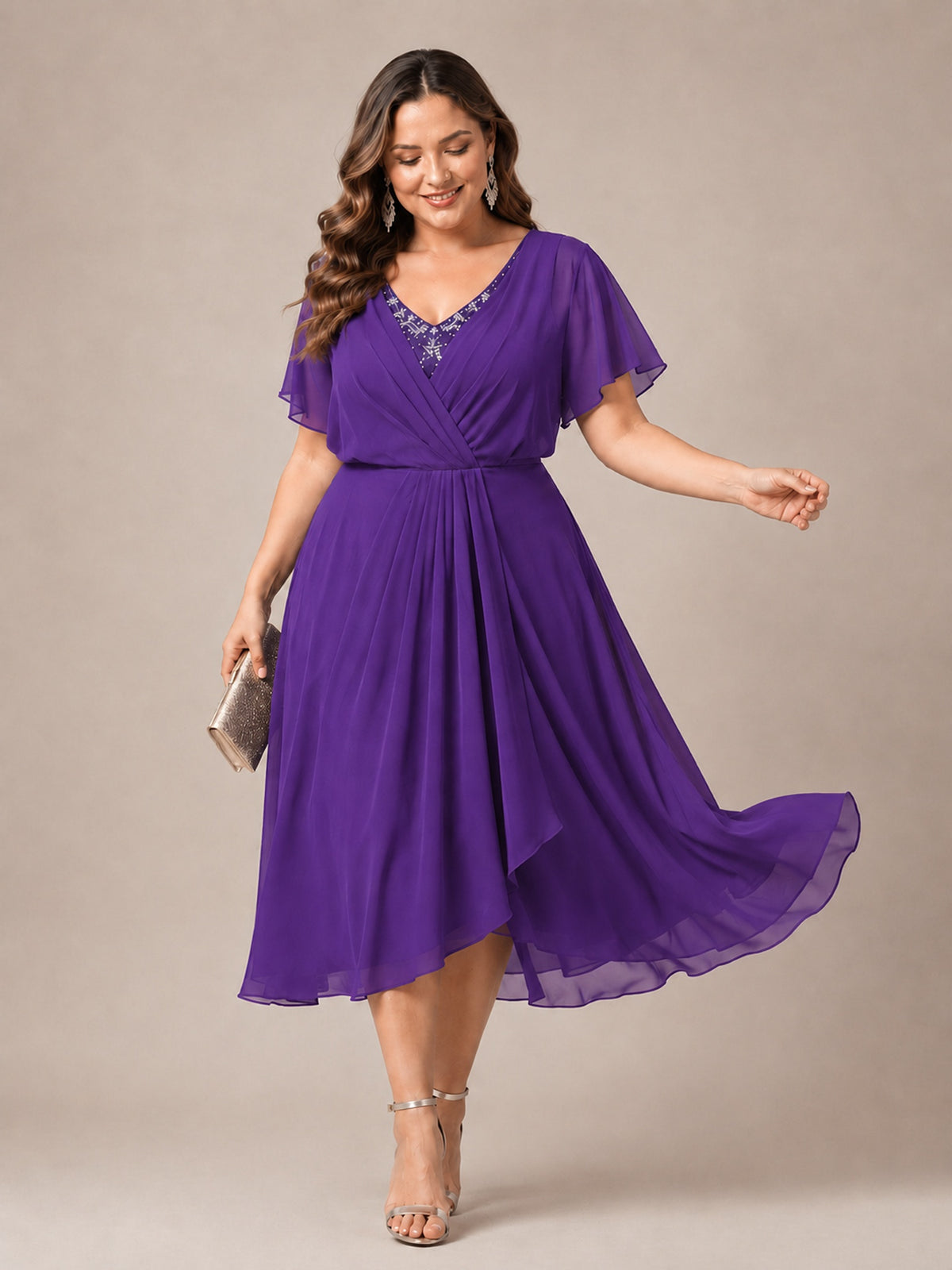 Navy Blue A-Line V-Neck Tea-Length Mother of the Bride Dress