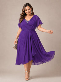 Navy Blue A-Line V-Neck Tea-Length Mother of the Bride Dress