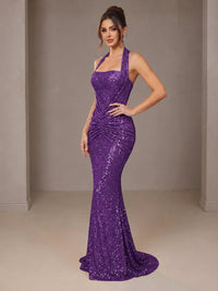 Gold Halter Sequin Mermaid Ruched Prom Dress Long Ruched Evening Gown