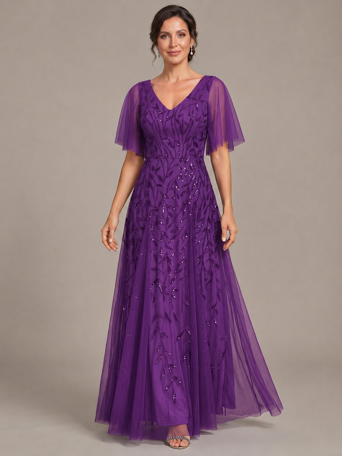 V-Neck Sequin Tulle Mother of the Bride Dress with Flutter Sleeve