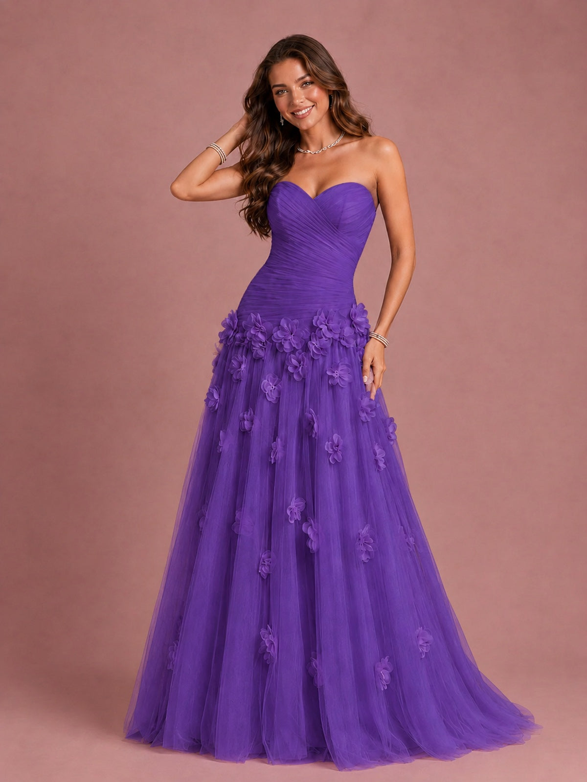 Blush Pink Strapless Sweetheart 3D Floral Tulle Ball Gown Prom Dres