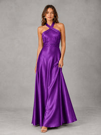 Sage Green Satin A-Line Bridesmaid Dress with Halter Neck