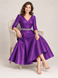 V-Neck Tea-Length Mother of the Bride Dress with Embellished Waist