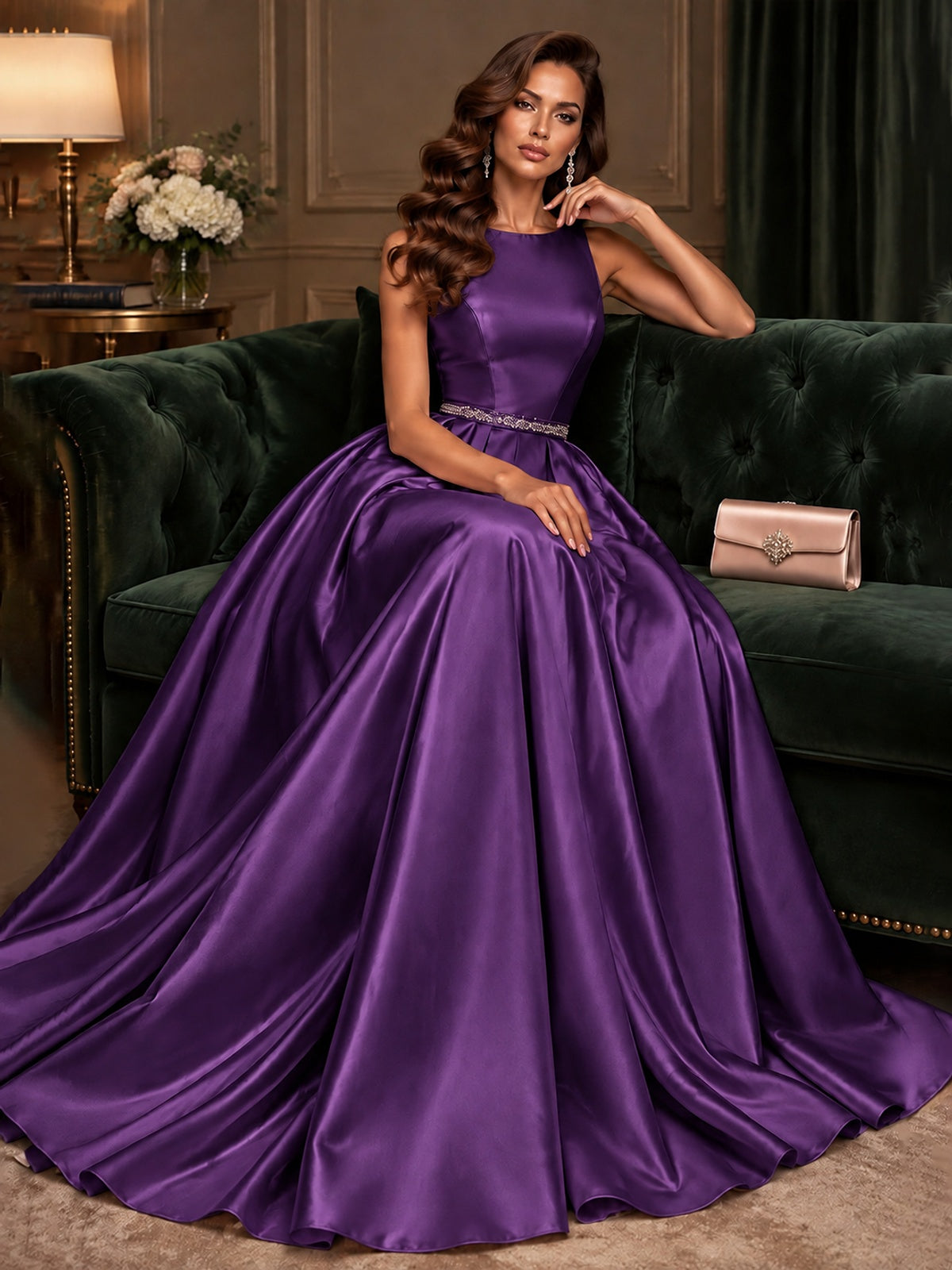 Satin A-Line Prom Dress Sleeveless Beaded Waist Formal Gown with Pockets