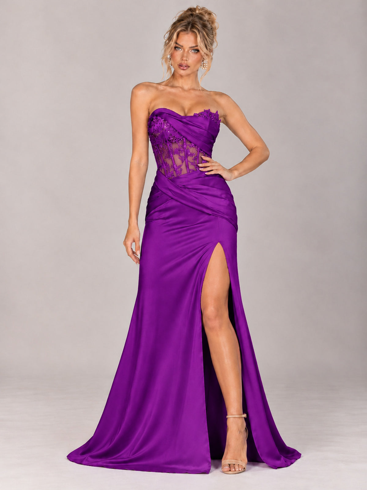 Strapless Satin Prom Dress with Sheer Lace Corset & High Slit