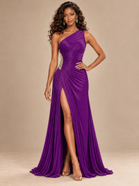 Burgundy One Shoulder Ruched Prom Dress with High Slit & Beaded Waist