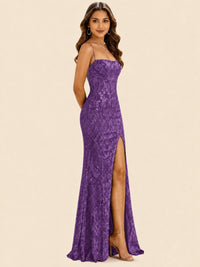 Sequin Lace Appliques Mermaid Prom Dress Spaghetti Strap Formal Gowns with Slit
