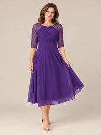 Tea-Length Mother of the Bride Dress with Lace 3/4 Sleeves