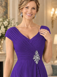 Pleated Chiffon Lace Mother of The Bride Dresses with Beading Cap Sleeves