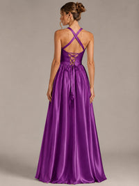 Light Yellow Halter Neck Satin A-Line Maxi Dress with Pockets