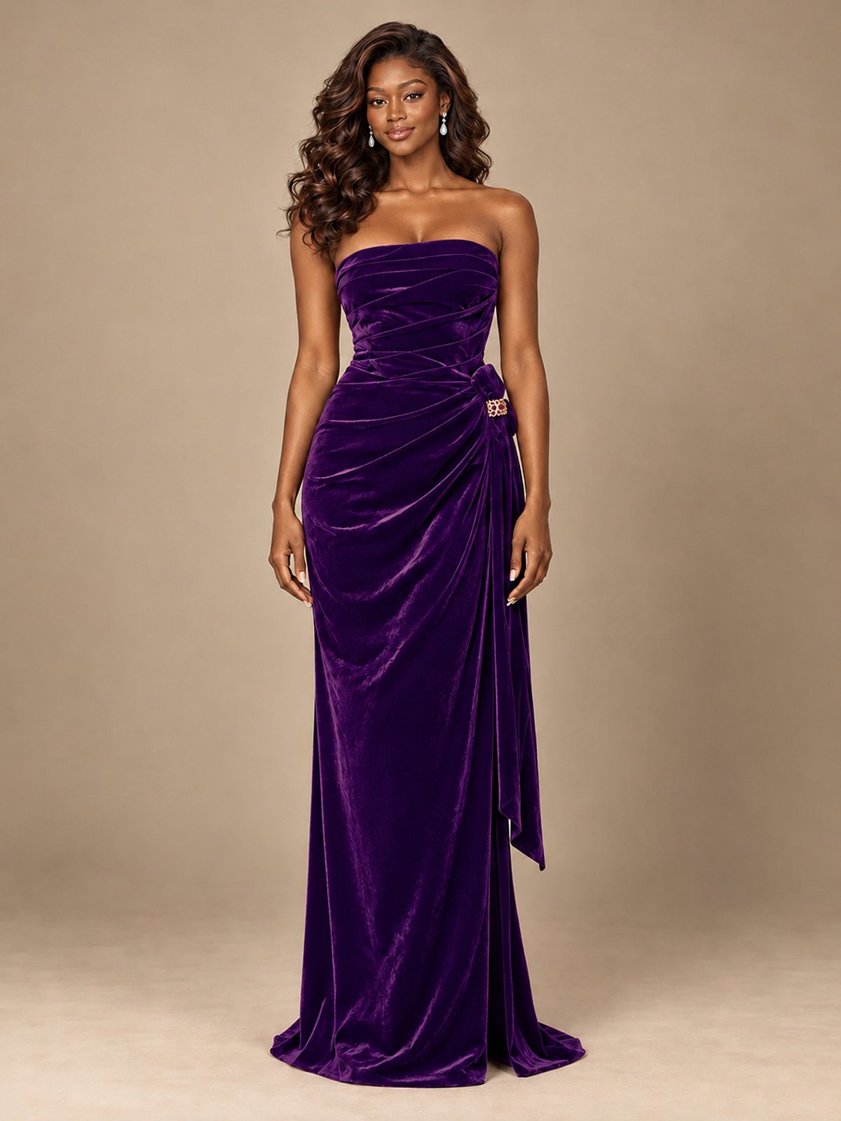 Burgundy Velvet Strapless Ruched Prom Dress with Jeweled Side Drape