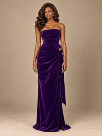 Burgundy Velvet Strapless Ruched Prom Dress with Jeweled Side Drape