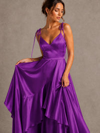 Lavender Satin V-Neck Ruffle Maxi Dress