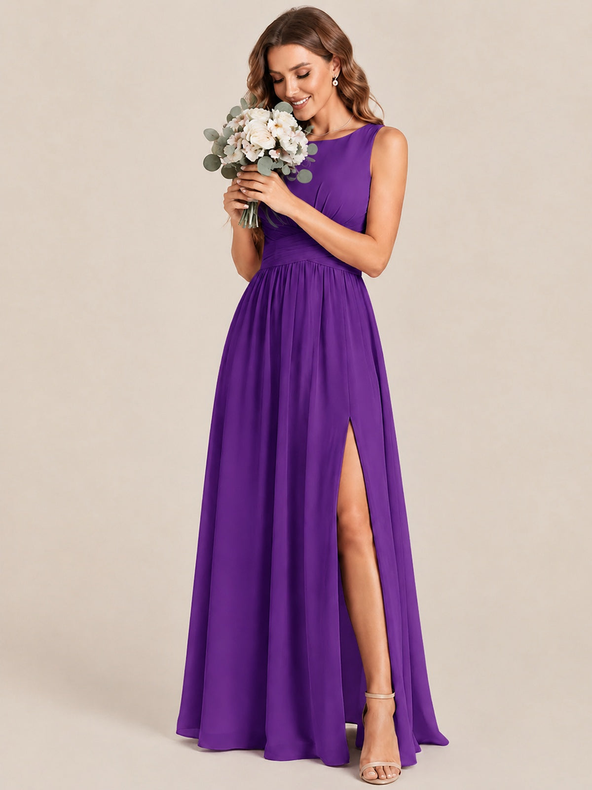 A-line Sleeveless Rucehd Chiffon Bridesmaid Dress with High Slit