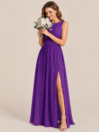 A-line Sleeveless Rucehd Chiffon Bridesmaid Dress with High Slit