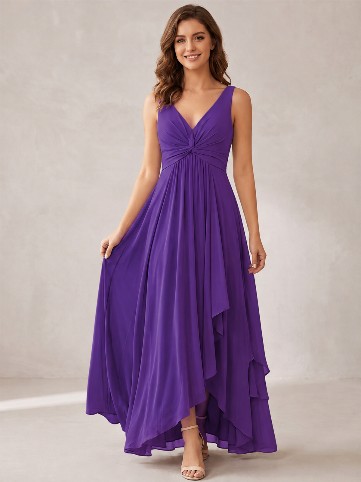 V-Neck High-Low Chiffon Bridesmaid Dress with Ruffles