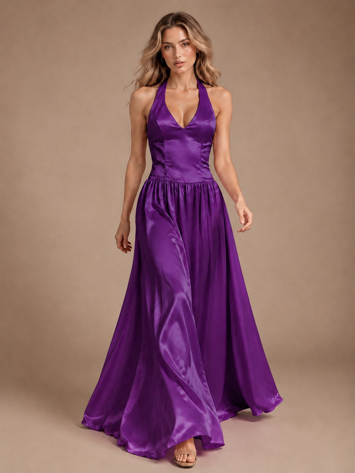 Pink V Neck Halter Satin Maxi Dress
