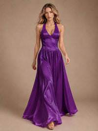 Pink V Neck Halter Satin Maxi Dress