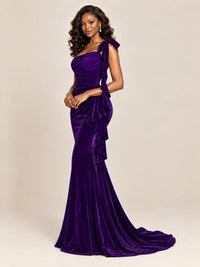 Black Velvet One-Shoulder Mermaid Evening Gown with Bow & Ruffles