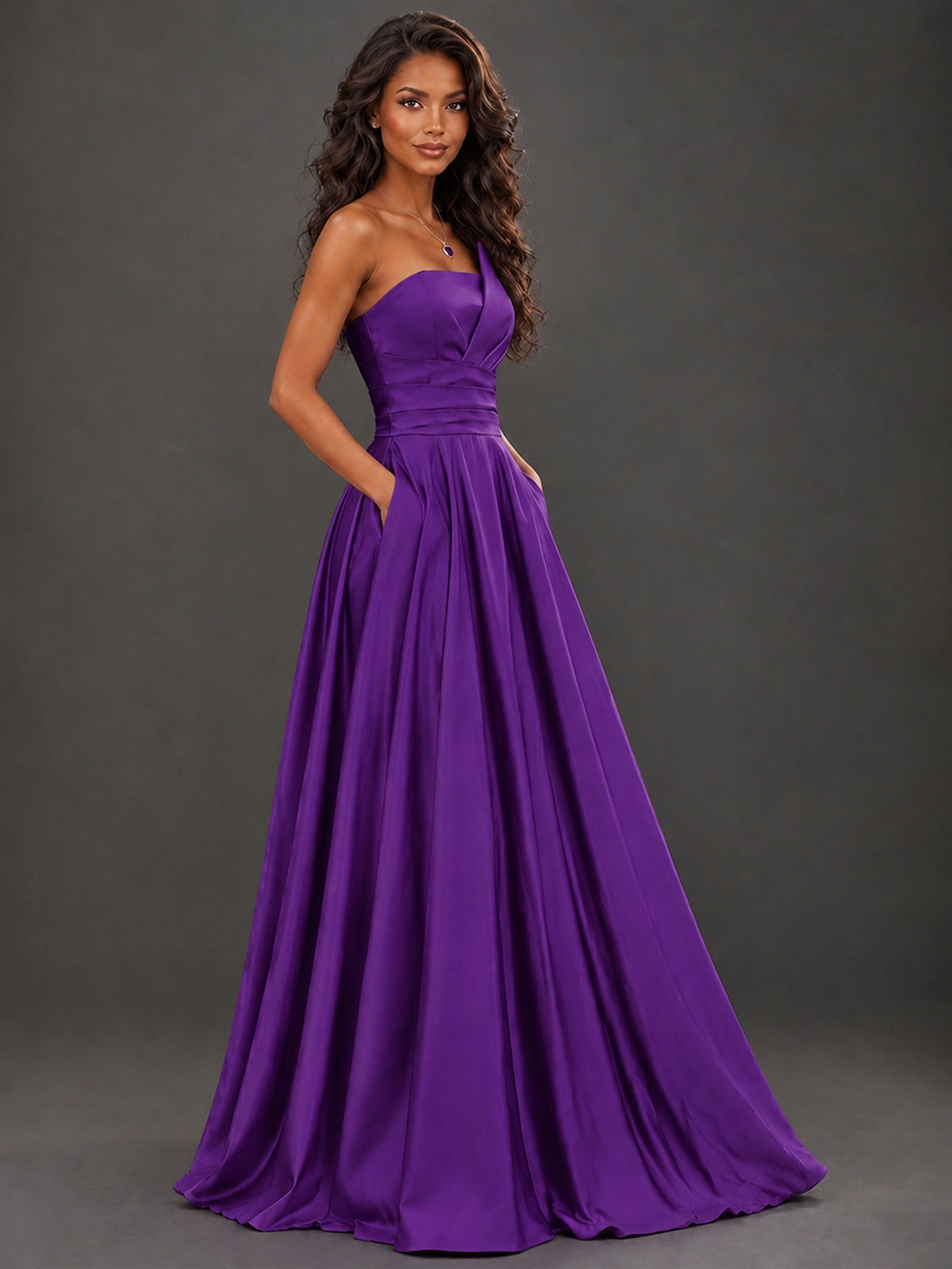 Draped Satin Prom Dress Strapless A-line Formal Dress Floor Length