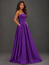 Draped Satin Prom Dress Strapless A-line Formal Dress Floor Length