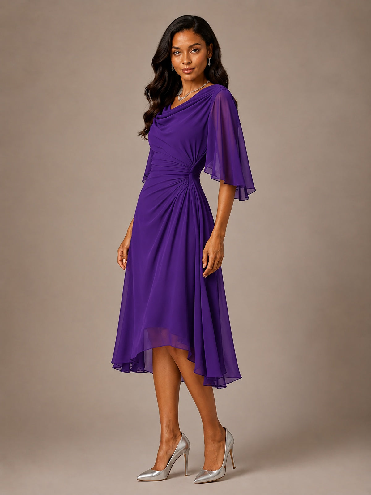 Cowl Neck Ruched Chiffon Mother of the Bride Dresses with Flutter Sleeves