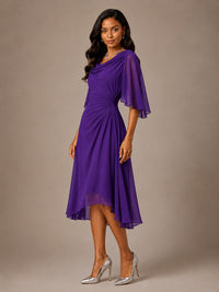 Cowl Neck Ruched Chiffon Mother of the Bride Dresses with Flutter Sleeves