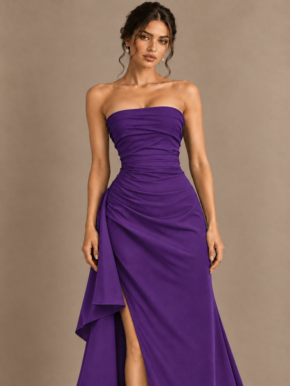 Black and White Strapless Ruched Prom Dress with High Slit & Side Drape