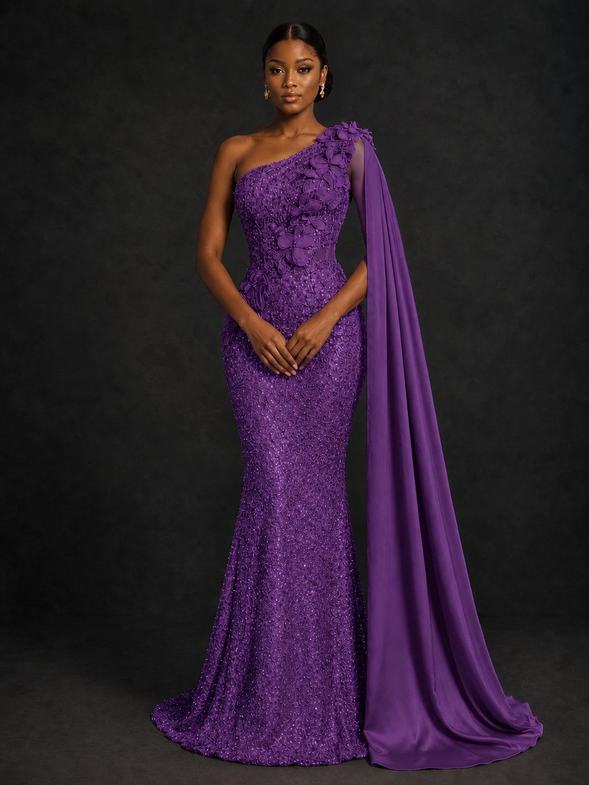 Gold Sequin One Shoulder Mermaid Prom Dress with Cape