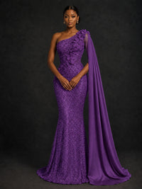 Gold Sequin One Shoulder Mermaid Prom Dress with Cape