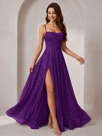 Sparkly Cowl Neck Corset Long Prom Dress with Slit A-line Tulle Ball Gown