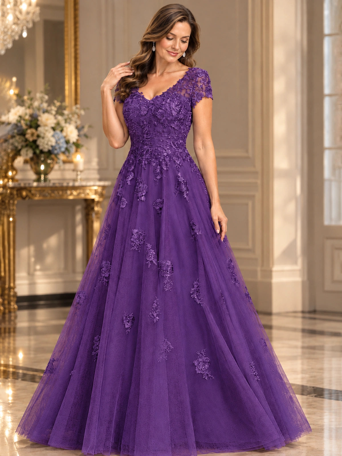 Lace Appliques A-line Mother of The Bride Dresses with Short Sleeves
