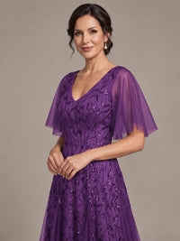 V-Neck Sequin Tulle Mother of the Bride Dress with Flutter Sleeve