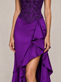 Strapless Lace Appliques Corset Satin Prom Dress Ruffle Slit Evening Gown