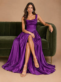 Cowl Neck Pleated Satin Prom Dress with Pockets & Slit Maxi Formal Gowns