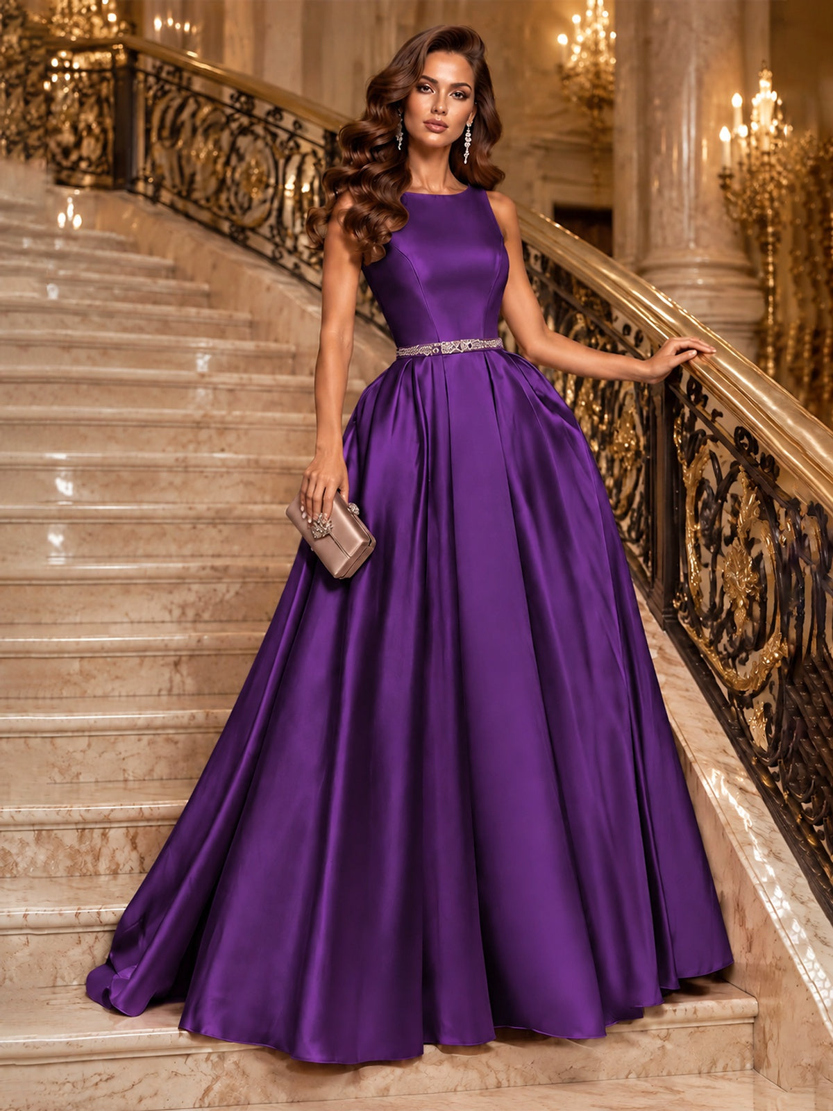 Satin A-Line Prom Dress Sleeveless Beaded Waist Formal Gown with Pockets