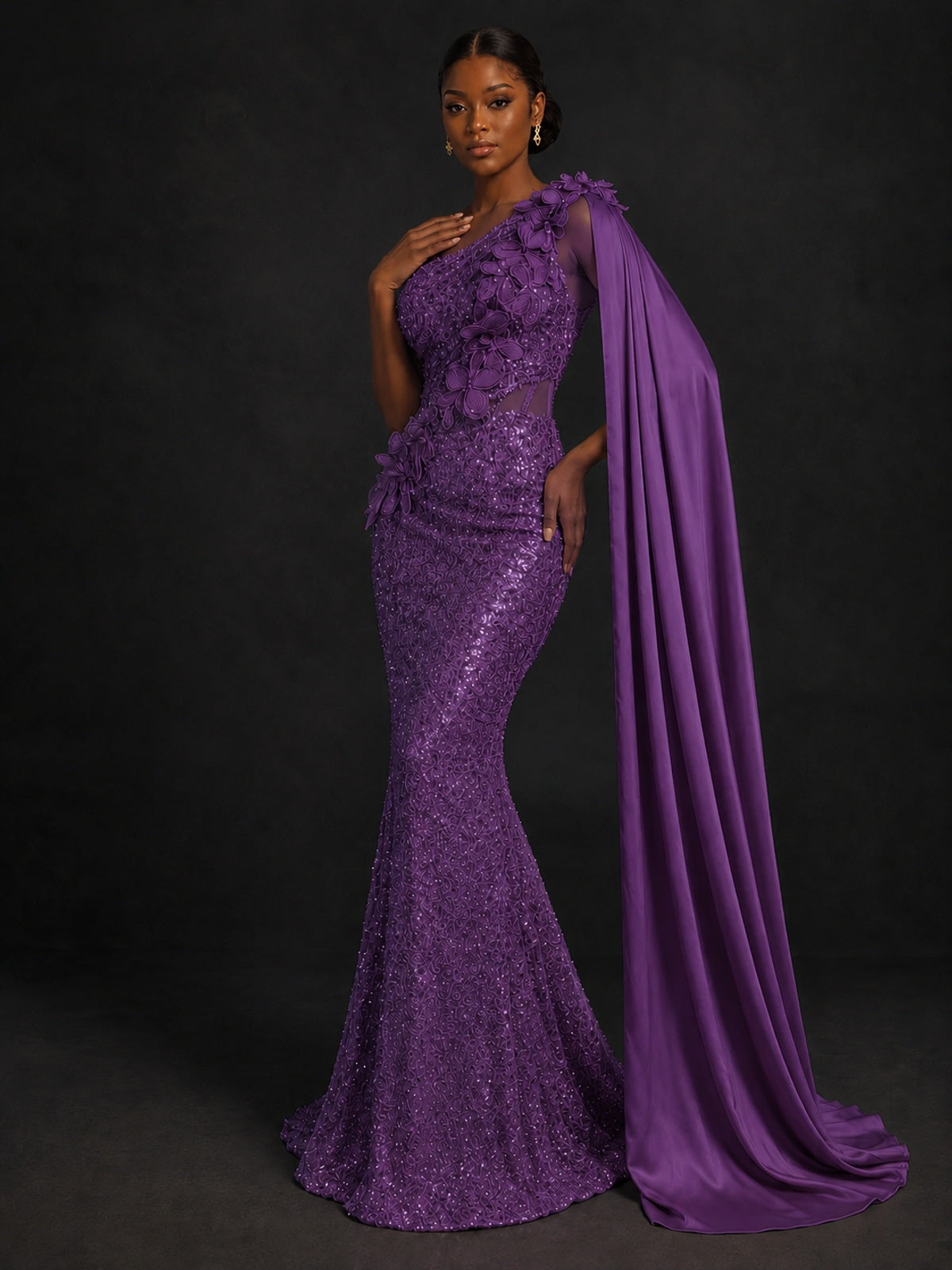 Gold Sequin One Shoulder Mermaid Prom Dress with Cape