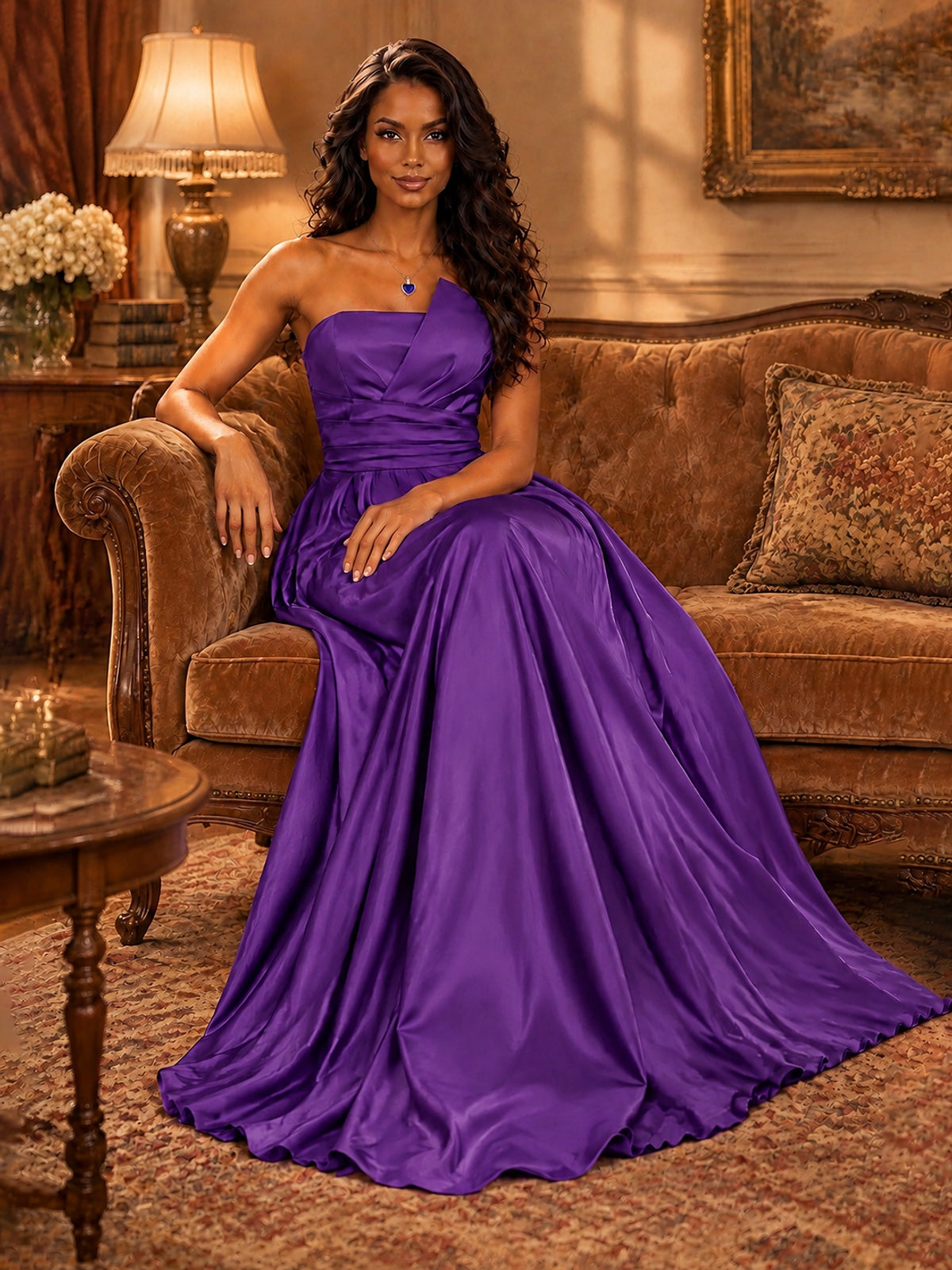 Draped Satin Prom Dress Strapless A-line Formal Dress Floor Length