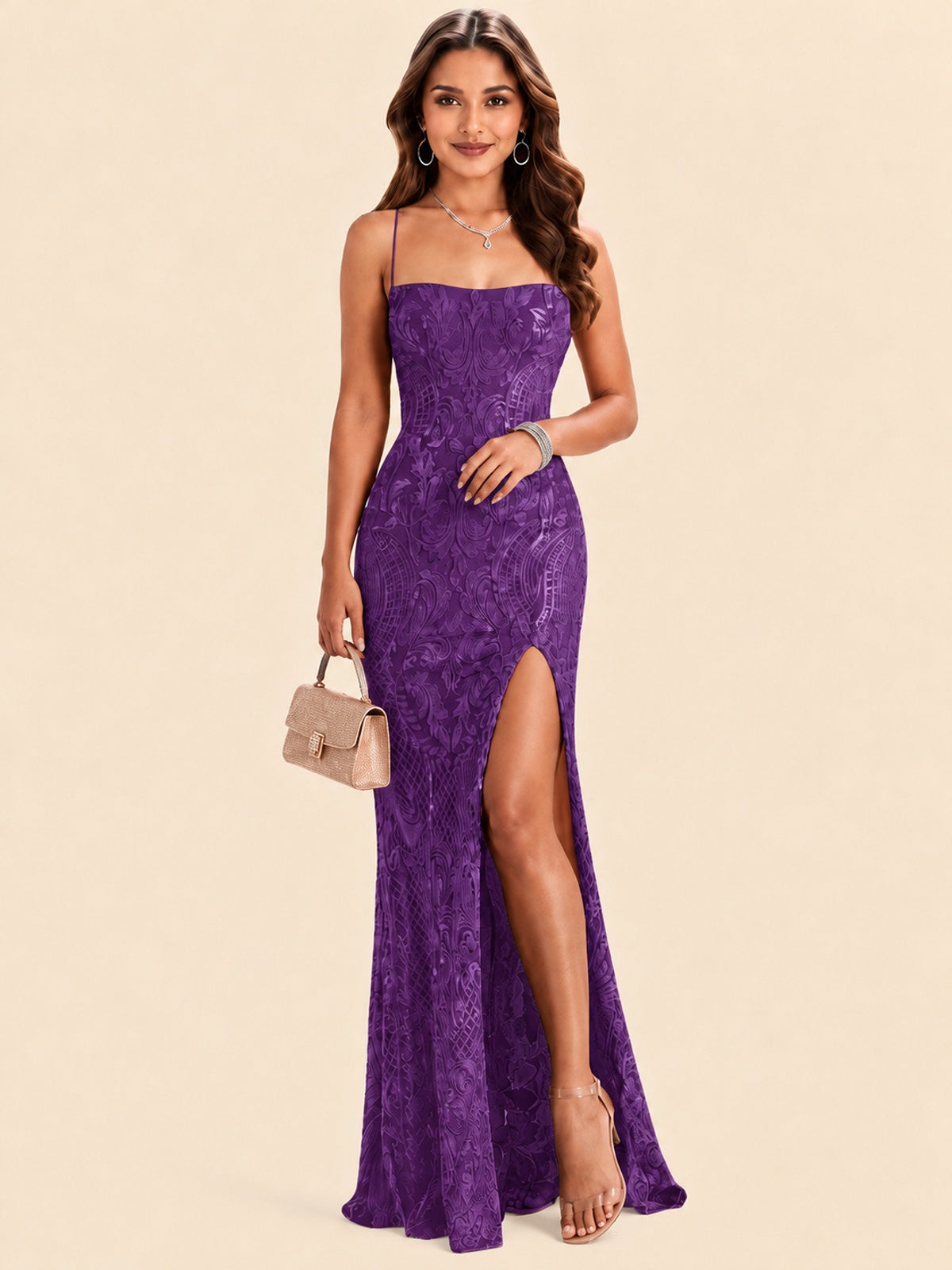 Sequin Lace Appliques Mermaid Prom Dress Spaghetti Strap Formal Gowns with Slit