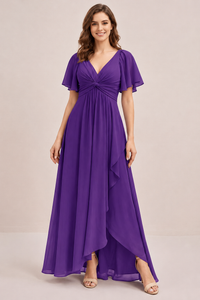 Dusty Blue Chiffon Bridesmaid Dress with Flutter Sleeves & High-Low Hem